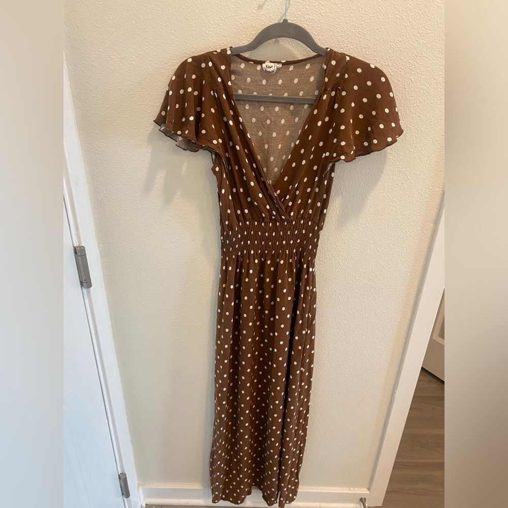 Anthropologie Kindred Brand Maxi Dress Brown and White Polka Dots boho Pinup